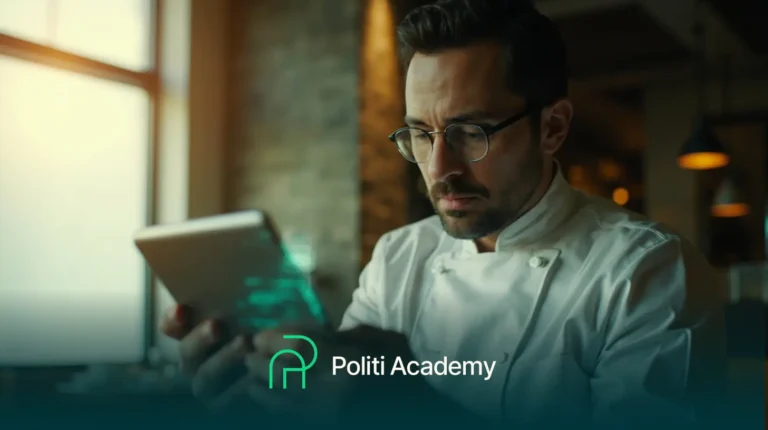 Um homem com uniforme de cozinheiro e óculos olha para um tablet. O logotipo e o texto "Politi Academy" são exibidos na parte inferior da imagem.