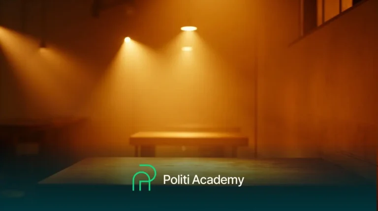 Sala pouco iluminada com mesas vazias sob holofotes; logotipo e texto da "Politi Academy" exibidos na parte inferior.