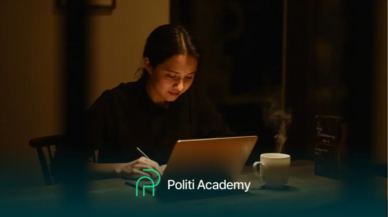 Uma mulher sentada em uma mesa usando um laptop e uma caneta stylus, com uma caneca fumegante ao seu lado. O texto "Politi Academy" aparece na parte inferior da imagem.