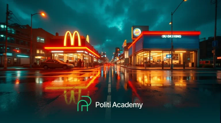Uma rua da cidade à noite com os prédios do McDonald's e do Burger King iluminados, refletidos na calçada molhada; logotipo da Politi Academy na parte inferior.