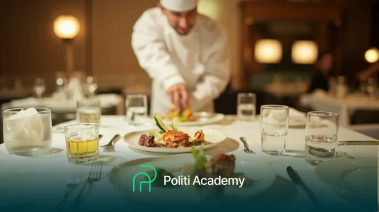 Um chef coloca um prato em uma mesa de jantar em um restaurante. O logotipo da Politi Academy é exibido na parte inferior da imagem.