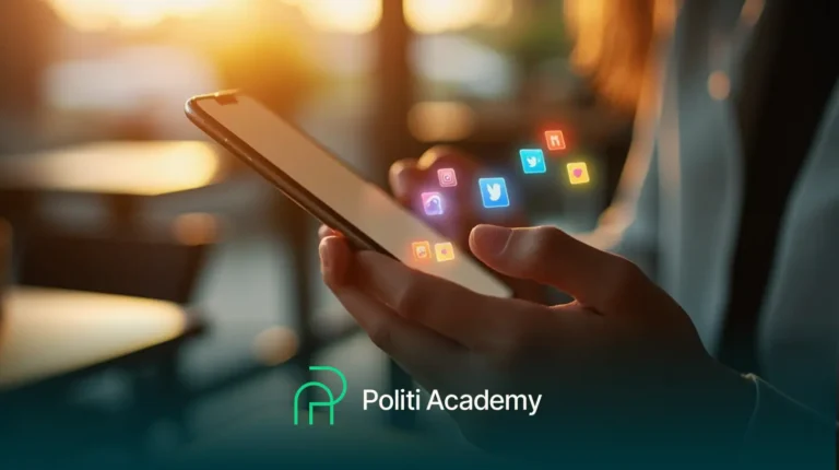 Uma pessoa segura um smartphone com ícones de mídia social flutuando sobre a tela. O logotipo e o nome da Politi Academy aparecem na parte inferior da imagem.