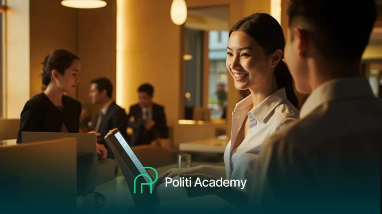 Duas pessoas conversam em uma mesa com um tablet em um ambiente moderno de escritório ou café; o logotipo da Politi Academy é exibido na parte inferior.