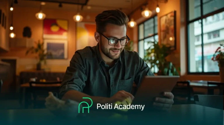 Um homem de óculos usa um tablet em uma mesa de um café moderno e bem iluminado. O logotipo da Politi Academy pode ser visto na parte inferior da imagem.