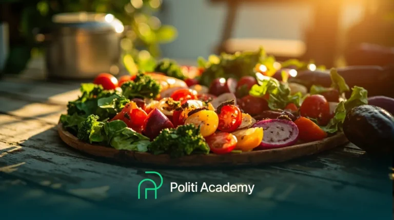 Uma salada de legumes colorida com tomates, rabanetes e verduras em um prato de madeira, com a luz do sol ao fundo. O logotipo da "Politi Academy" está visível na parte inferior.