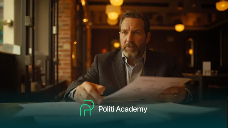 Um homem de terno senta-se à mesa em uma sala pouco iluminada, segurando papéis. As palavras "Politi Academy" e seu logotipo aparecem na parte inferior da imagem.