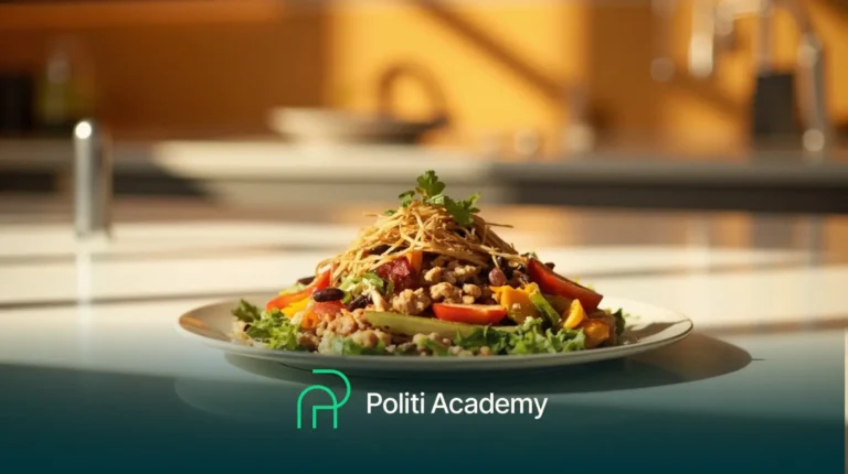 Um prato de salada com legumes, grãos e coberturas crocantes fica em um balcão de cozinha. O texto "Politi Academy" e um logotipo aparecem na parte inferior da imagem.