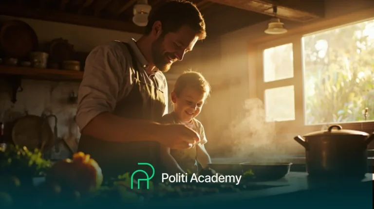 Um homem e uma criança pequena cozinham juntos em uma cozinha iluminada pelo sol, com vapor saindo de uma panela. O logotipo da Politi Academy é exibido na parte inferior da imagem.
