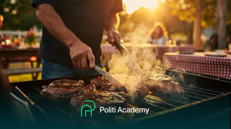 Uma pessoa grelha bifes em um evento ao ar livre durante o pôr do sol, com pessoas sentadas em mesas ao fundo. O logotipo e o nome da Politi Academy são mostrados na parte inferior.