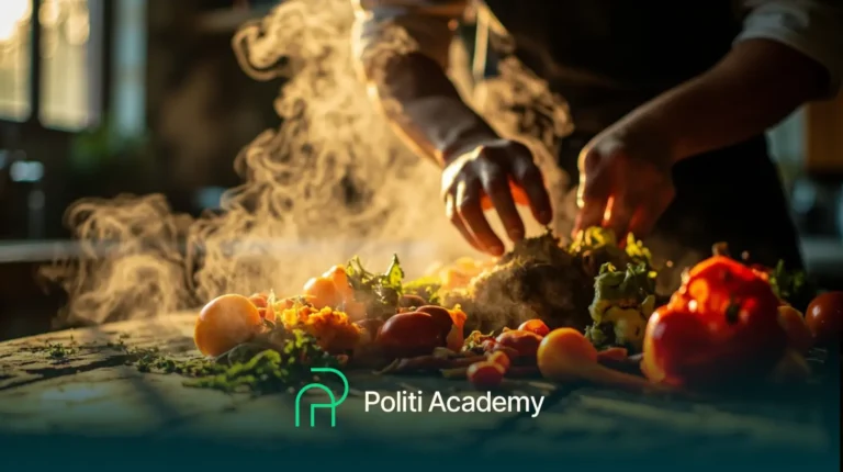 Uma pessoa prepara comida com vegetais frescos em uma mesa cercada de vapor, com o logotipo da Politi Academy na parte inferior da imagem.