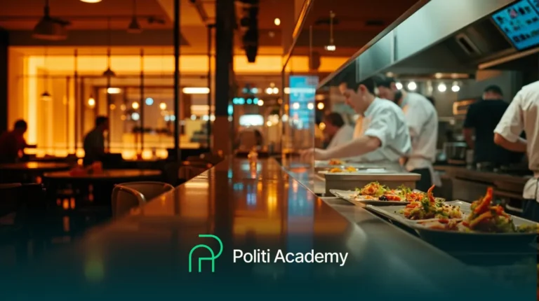 Cozinha de restaurante com chefs preparando pratos em um balcão; pratos de comida estão prontos para serem servidos. O logotipo e o texto da "Politi Academy" estão sobrepostos na parte inferior.