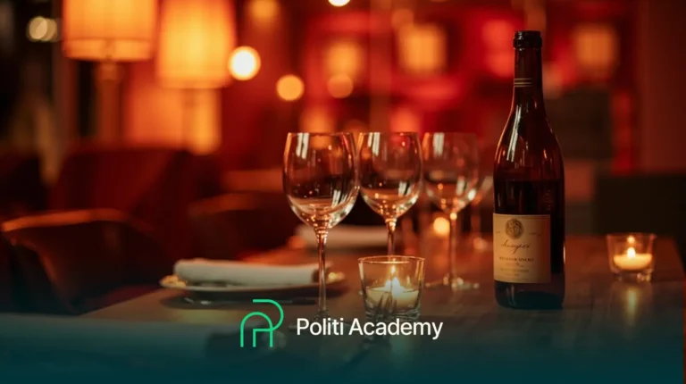 Uma mesa de restaurante com taças de vinho, uma garrafa de vinho, guardanapos e velas acesas. O logotipo da Politi Academy aparece na parte inferior.