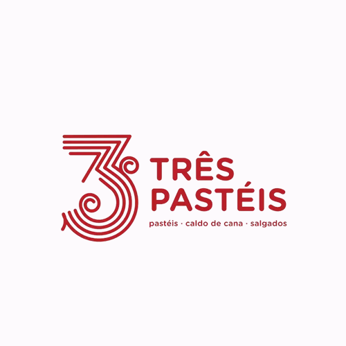Logotipo da Três Pastéis com um número 3 estilizado em vermelho e o texto "TRÊS PASTÉIS" com "pastéis - caldo de cana - salgados" abaixo em um fundo branco.