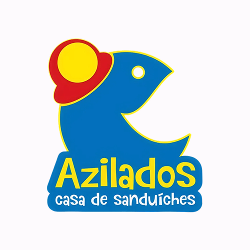 Logotipo para "Azilados casa de sanduíches" com uma forma de peixe azul com um chapéu vermelho e amarelo acima do texto em amarelo e branco em um fundo azul.