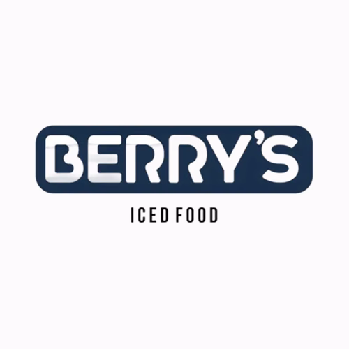 Logotipo com o texto "BERRY'S" em letras brancas em negrito em um retângulo arredondado azul escuro e "ICED FOOD" em texto menor em preto abaixo.