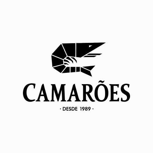 Ícone geométrico preto de camarão acima da palavra "CAMARÕES" e do texto "DESDE 1989" em um fundo branco.