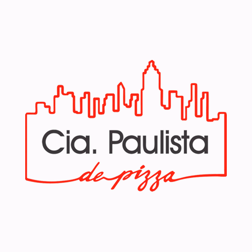 Logotipo com um contorno vermelho do horizonte de uma cidade acima do texto "Cia. Paulista de Pizza" em um fundo branco. Paulista de pizza" em um fundo branco.