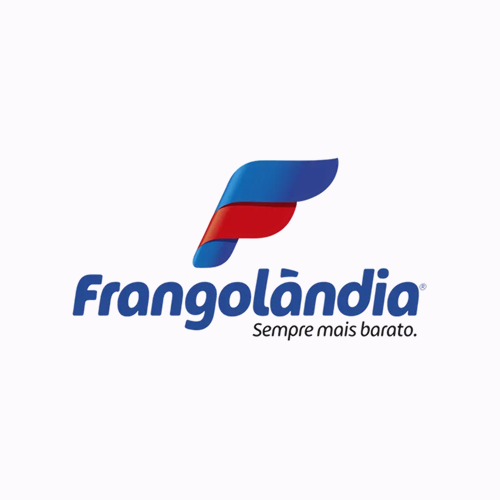 Logotipo da Frangolândia com uma asa estilizada em azul e vermelho acima do nome e do slogan "Sempre mais barato." em um fundo branco.
