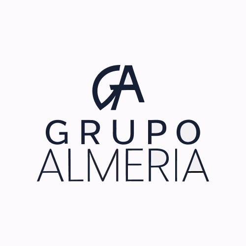 Logotipo do Grupo Almeria com as letras estilizadas "GA" acima do nome da empresa escrito em letras maiúsculas em um fundo branco.