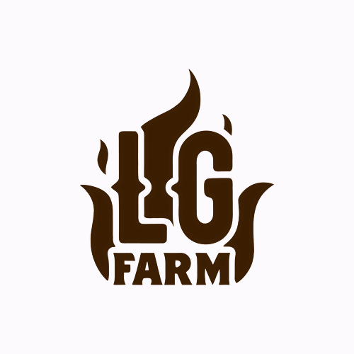 Logotipo com texto estilizado em marrom "LG FARM" cercado por formas semelhantes a chamas em um fundo branco.