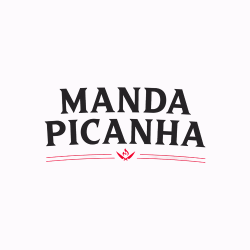 A imagem mostra o texto "Manda Picanha" em letras pretas em negrito acima de um pequeno ícone de chama vermelha e duas linhas vermelhas em um fundo branco.