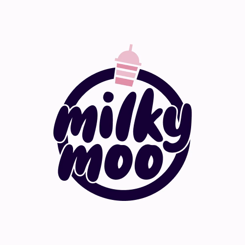 Logotipo para "milky moo" com texto em negrito e arredondado dentro de um contorno circular com um copo de milkshake rosa acima do texto.