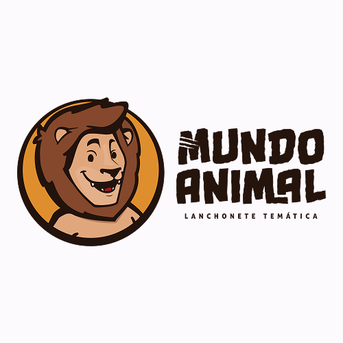 Logotipo com uma cabeça de leão em desenho animado dentro de um círculo, ao lado do texto "MUNDO ANIMAL LANCHONETE TEMÁTICA" em letras negritas e estilizadas.