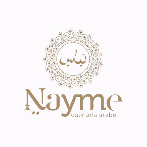 Logotipo da Nayme Culinária Árabe com escrita árabe estilizada dentro de um padrão circular decorativo, com o nome da marca e o subtítulo em uma fonte serifada moderna abaixo.