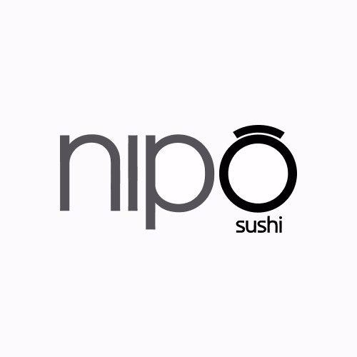 Logotipo da "Nipo Sushi" com texto estilizado; a letra "o" apresenta uma linha curva acima dela, lembrando um rolo de sushi com uma cobertura ou pauzinhos.