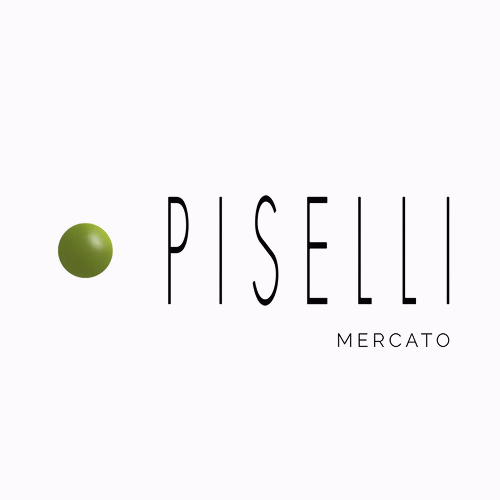 Logotipo com um ponto verde à esquerda da palavra "PISELLI" em letras altas e finas; a palavra "MERCATO" aparece abaixo em texto menor.