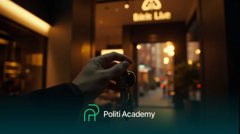 Uma mão segura um conjunto de chaves em frente à entrada de um prédio iluminado, com o texto "Politi Academy" e seu logotipo exibidos na parte inferior da imagem.