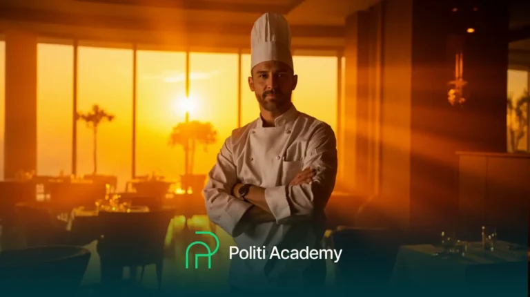 Um chef de cozinha uniformizado está de braços cruzados em um restaurante iluminado pelo sol. O logotipo e o nome da Politi Academy aparecem na parte inferior da imagem.