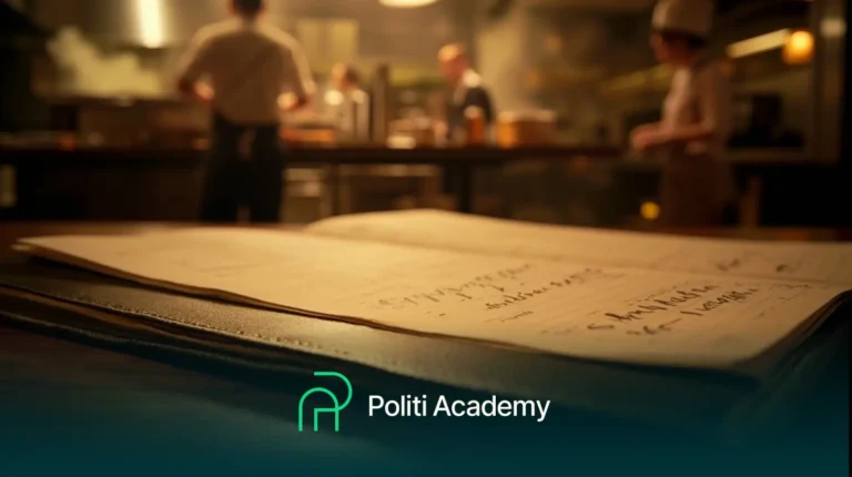 Um caderno aberto com anotações manuscritas está sobre uma mesa em primeiro plano; chefs trabalham em uma cozinha no fundo desfocado. O logotipo da "Politi Academy" pode ser visto na parte inferior.