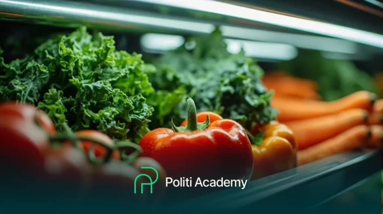 Vegetais frescos, incluindo alface, pimentão e cenoura, são exibidos sob luzes brilhantes com o logotipo da Politi Academy na parte inferior da imagem.
