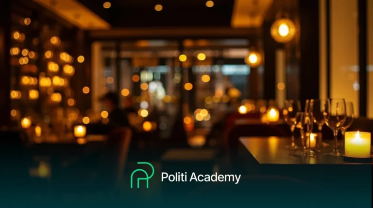 Um restaurante mal iluminado com velas nas mesas, com o logotipo e o nome da Politi Academy na parte inferior da imagem.