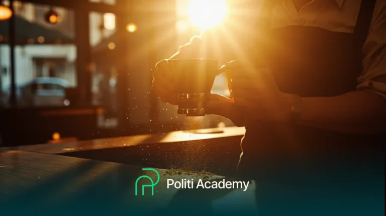 Uma pessoa segurando uma xícara sob a luz do sol, com o logotipo e o texto da Politi Academy exibidos na parte inferior da imagem.