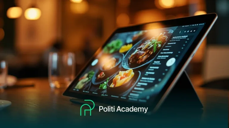 Um tablet exibindo um cardápio digital com imagens de alimentos está sobre uma mesa de madeira em um restaurante. O logotipo da Politi Academy está visível na parte inferior.