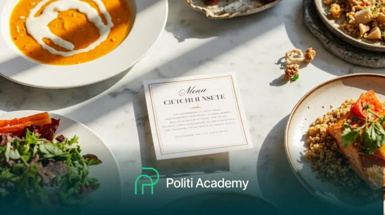 Um cardápio cercado por pratos de salada, sopa e grãos em uma mesa de mármore, com o logotipo da "Politi Academy" na parte inferior.