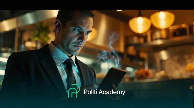 Um homem de terno olha atentamente para um smartphone fumegante na cozinha de um restaurante. O texto "Politi Academy" aparece na parte inferior da imagem.