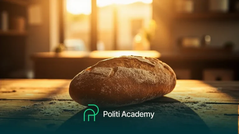 Um pão rústico fica em uma mesa de madeira enfarinhada em uma cozinha bem iluminada, com o logotipo da Politi Academy na parte inferior.
