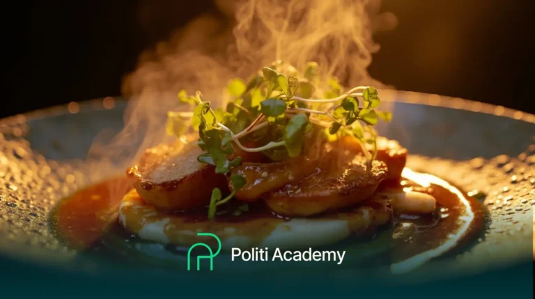 Um prato gourmet com carne fatiada, molho, microgreens e vapor subindo, com o logotipo da Politi Academy na parte inferior.