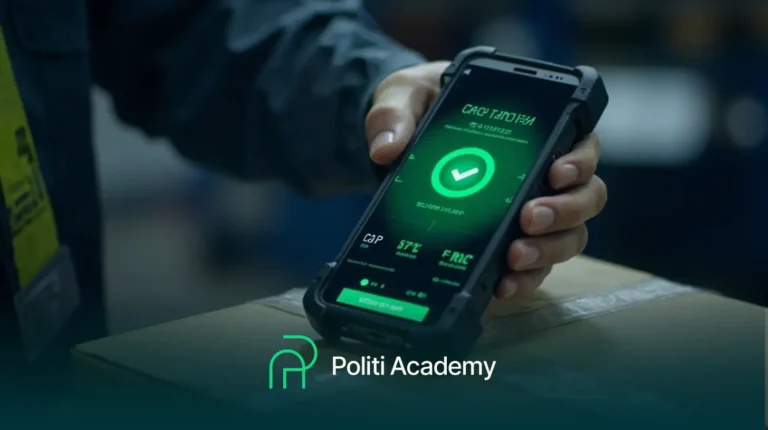 Uma pessoa segura um smartphone robusto que exibe uma tela de verificação verde acima de uma caixa de papelão. O texto "Politi Academy" aparece na parte inferior.