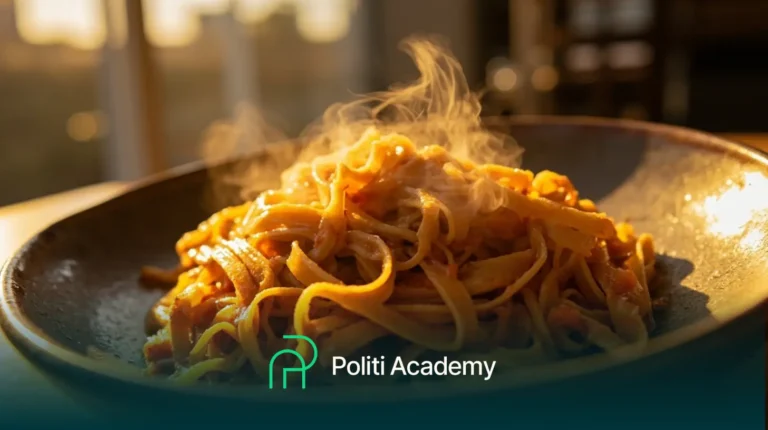 Um prato fumegante de macarrão tagliatelle com molho de tomate é servido em uma tigela escura, com o logotipo e o texto "Politi Academy" na parte inferior da imagem.