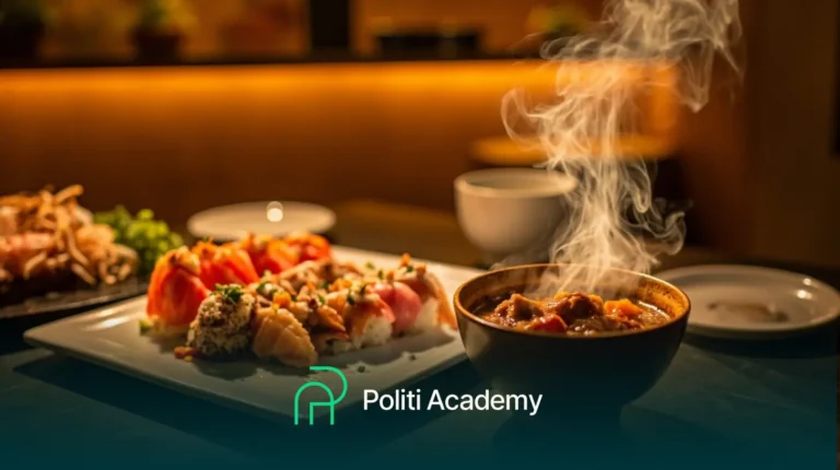 Uma tigela de sopa fumegante e um prato de sushi variado estão sobre uma mesa, com o logotipo da Politi Academy exibido na parte inferior da imagem.