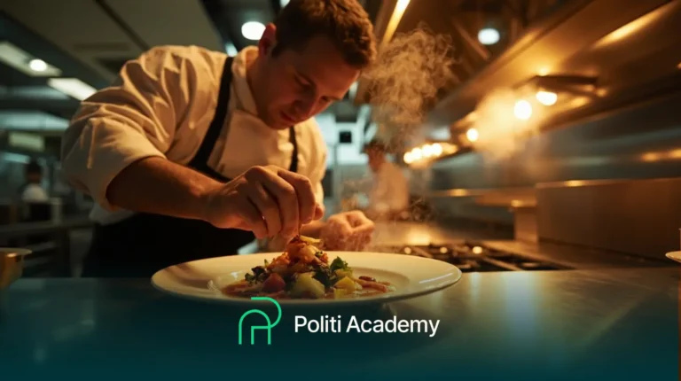 Um chef em uma cozinha profissional prepara um prato sob luzes quentes, com o logotipo e o texto "Politi Academy" exibidos na parte inferior da imagem.