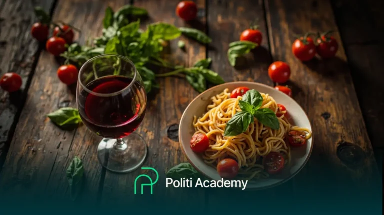 Um prato de espaguete com tomates cereja e manjericão ao lado de uma taça de vinho tinto em uma mesa de madeira rústica, com manjericão e tomates frescos ao fundo.