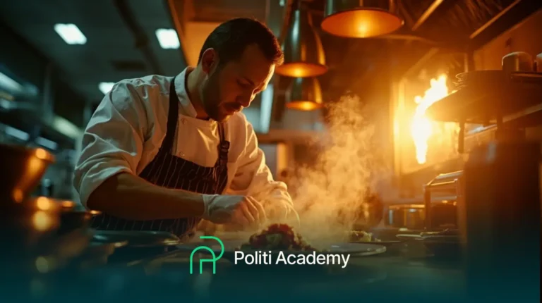 Um chef em uma cozinha profissional prepara um prato, cercado por vapor e iluminação quente, com o texto "Politi Academy" e um logotipo na parte inferior da imagem.