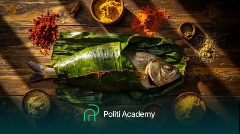 Peixe inteiro embrulhado em folhas de bananeira, cercado por vários temperos em tigelas, exibido em uma superfície de madeira. O logotipo da "Politi Academy" aparece na parte inferior.