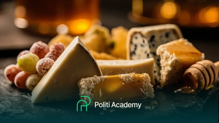 Queijos variados, favo de mel, uvas e mel em uma superfície escura, com o logotipo da Politi Academy em primeiro plano.