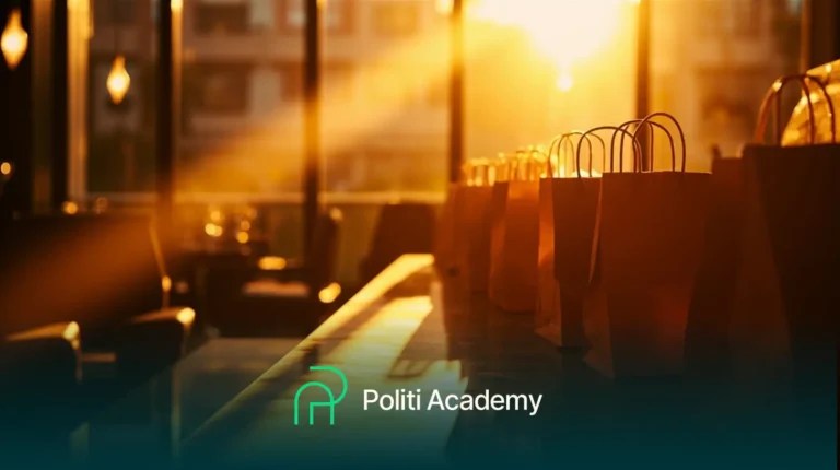 Sacos de papel enfileiram-se em um balcão em uma sala iluminada pelo sol com grandes janelas; as palavras "Politi Academy" e um logotipo aparecem na parte inferior da imagem.